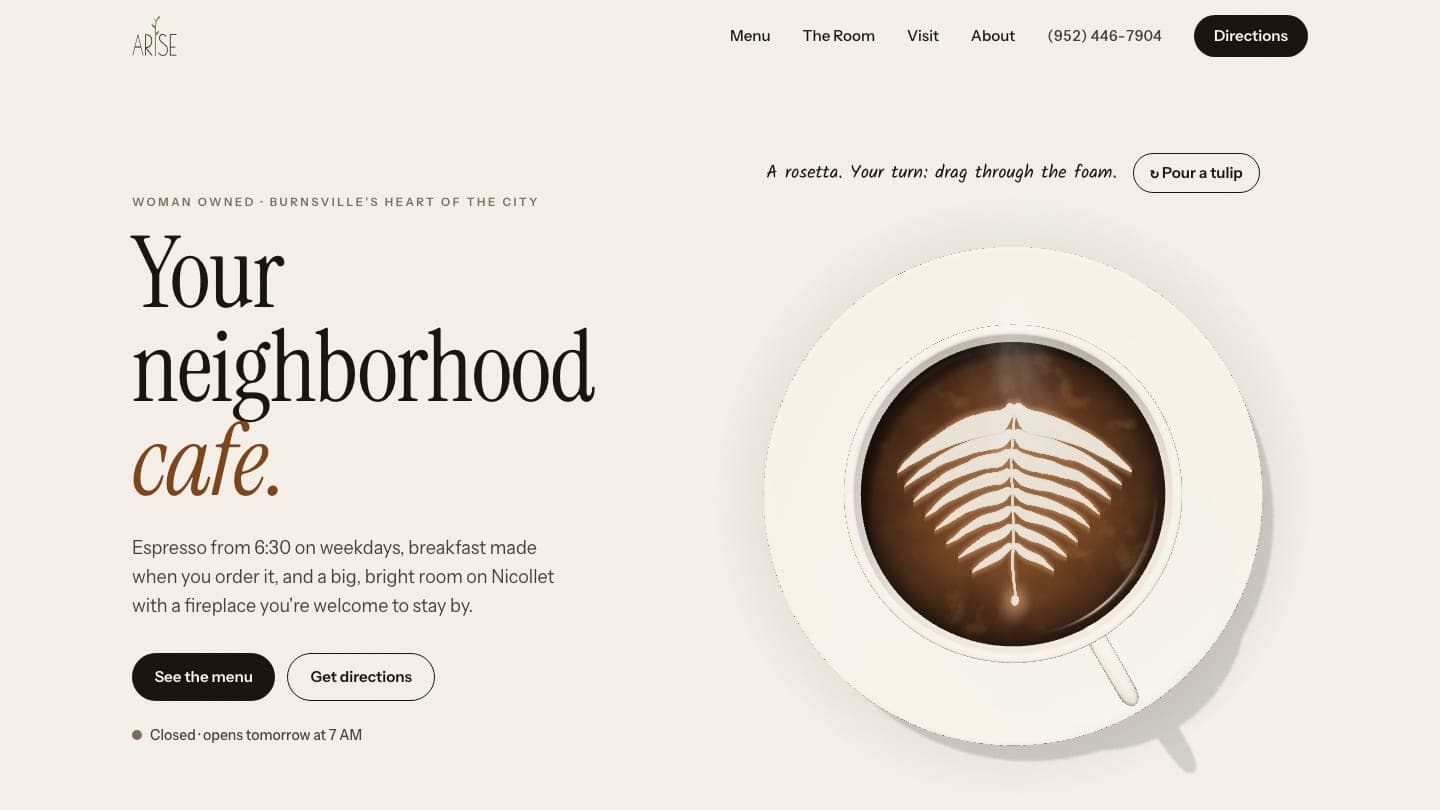 The arisenicolettecoffee.com homepage after the pour: the headline “Your neighborhood cafe.” beside a cup seen from above with a rosetta in the foam, a Pour a tulip button, and See the menu and Get directions buttons.