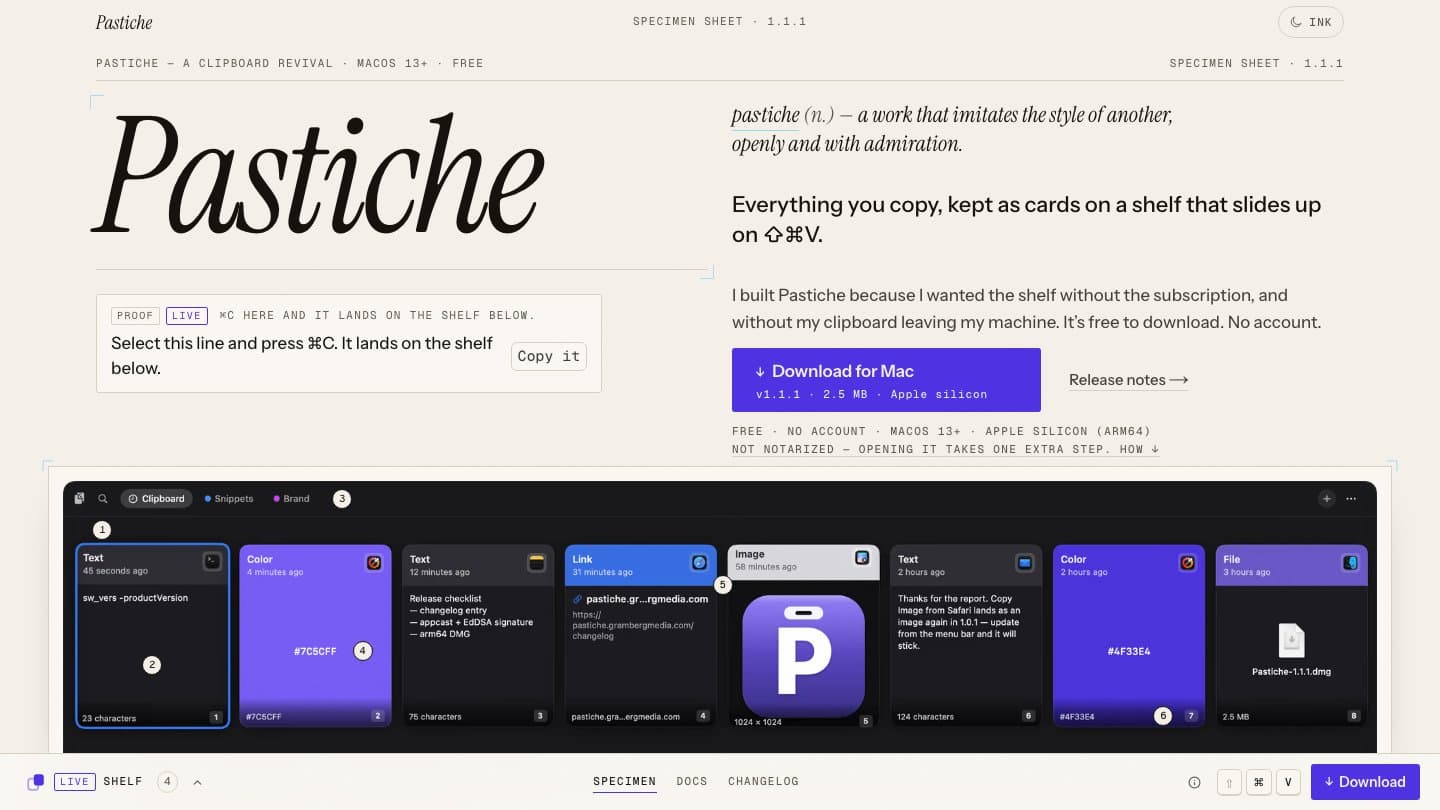 The Pastiche download site: the name set in a large italic serif, a Download for Mac button, and a screen capture of the app's clipboard shelf