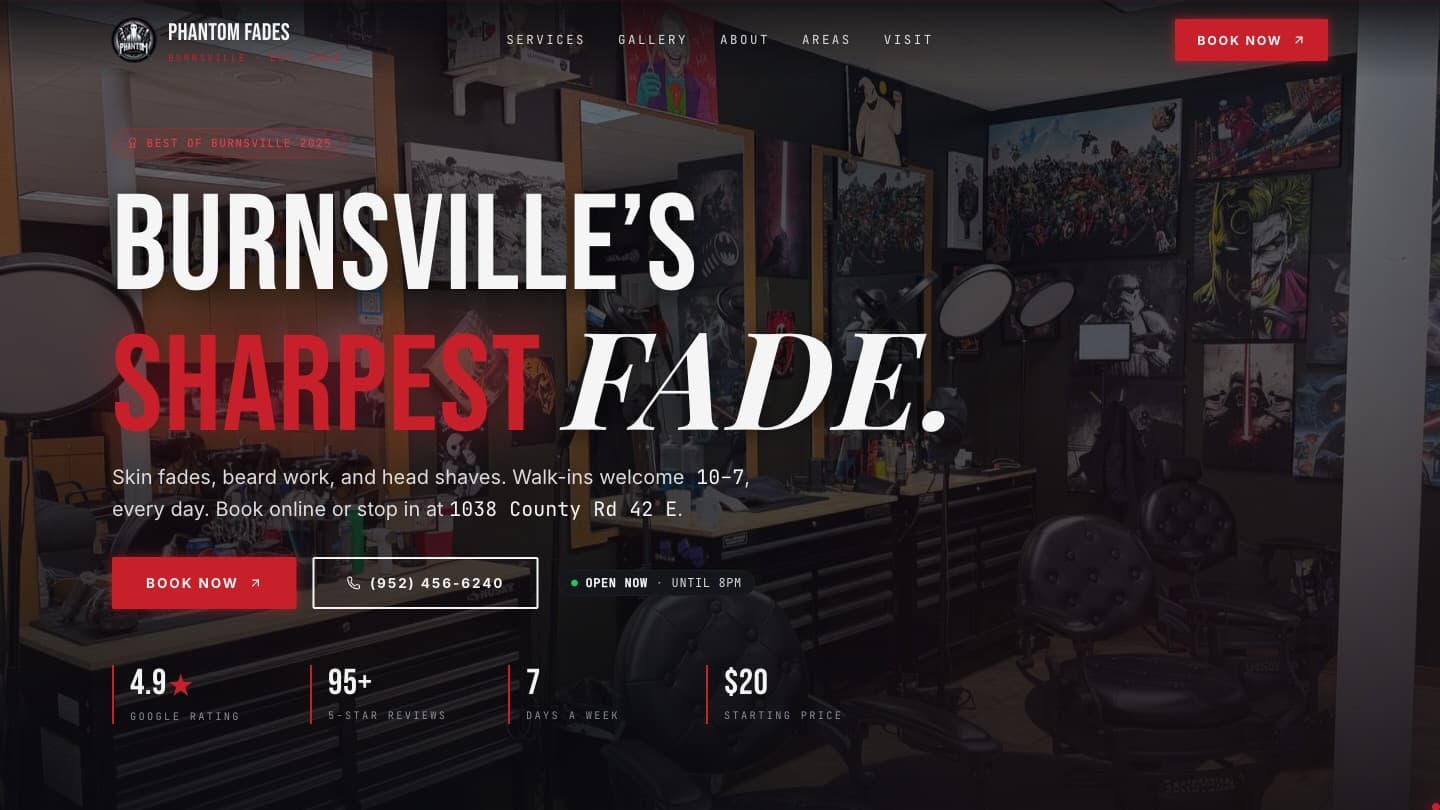 The phantomfadesmn.com homepage: the headline “Burnsville's sharpest fade.” over a photo of the poster-covered shop, with a red Book Now button, a call button and an Open Now badge.