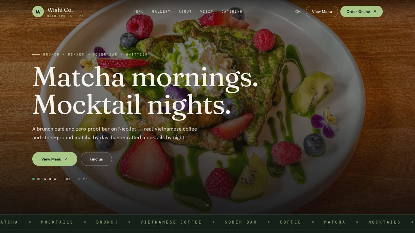 The wishico.com homepage in its day theme: the headline “Matcha mornings. Mocktail nights.” over a plate of matcha French toast with fresh berries, with View Menu and Order Online buttons.