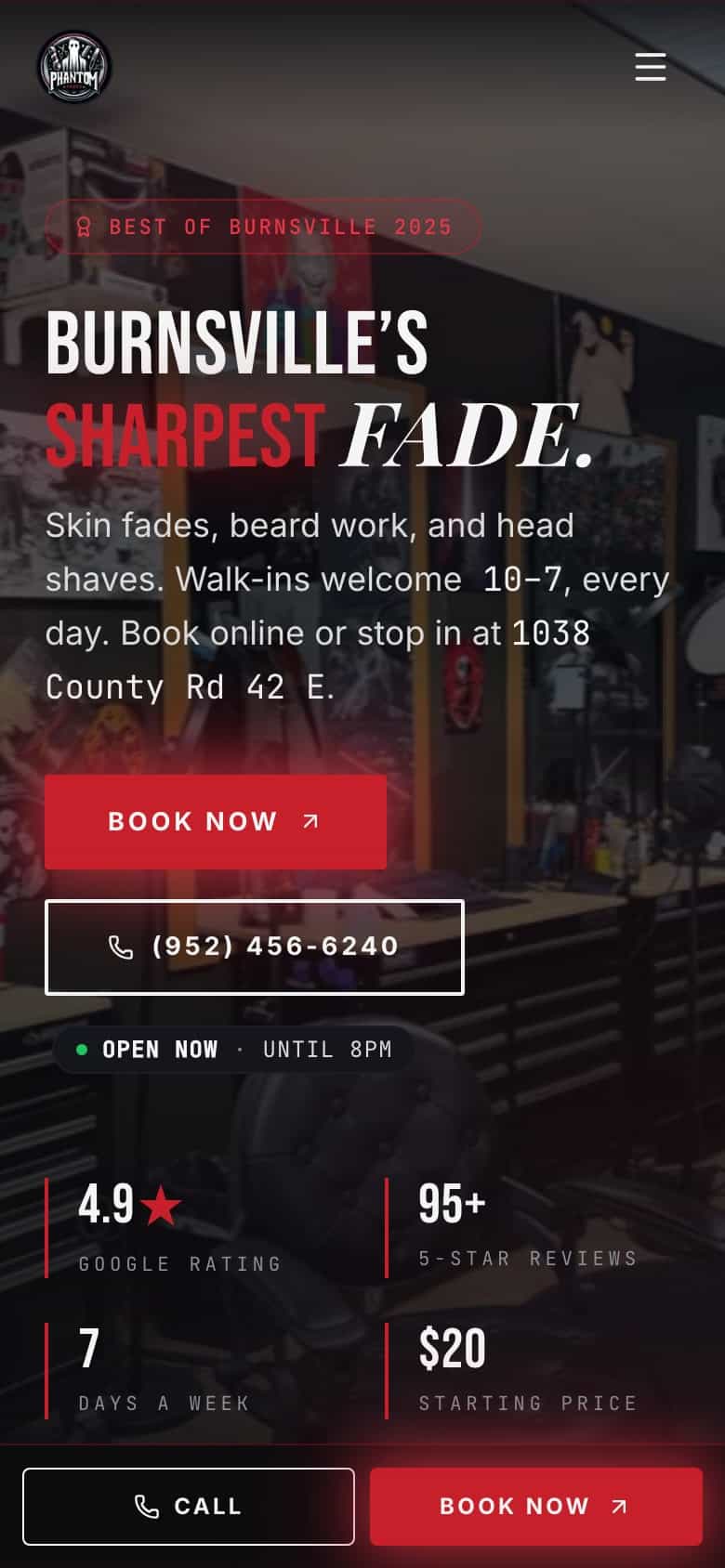 phantomfadesmn.com on a phone: “Burnsville’s sharpest fade.” with Book Now and call buttons, an Open Now badge and a Call and Book Now bar.