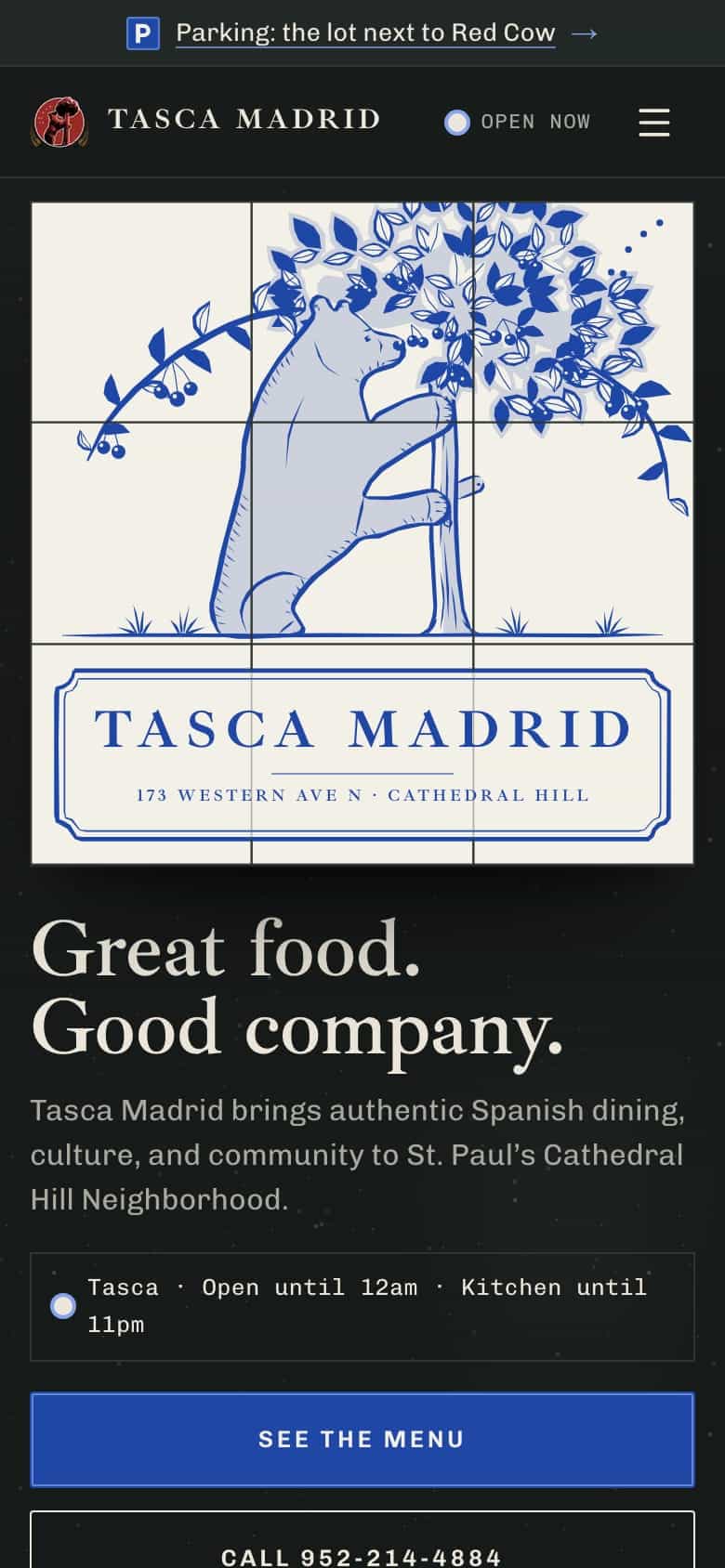 tascamadrid.com on a phone: a parking line across the top, the street-tile sign of a bear and a tree, “Great food. Good company.”, an open-now line and See the menu and Call buttons.