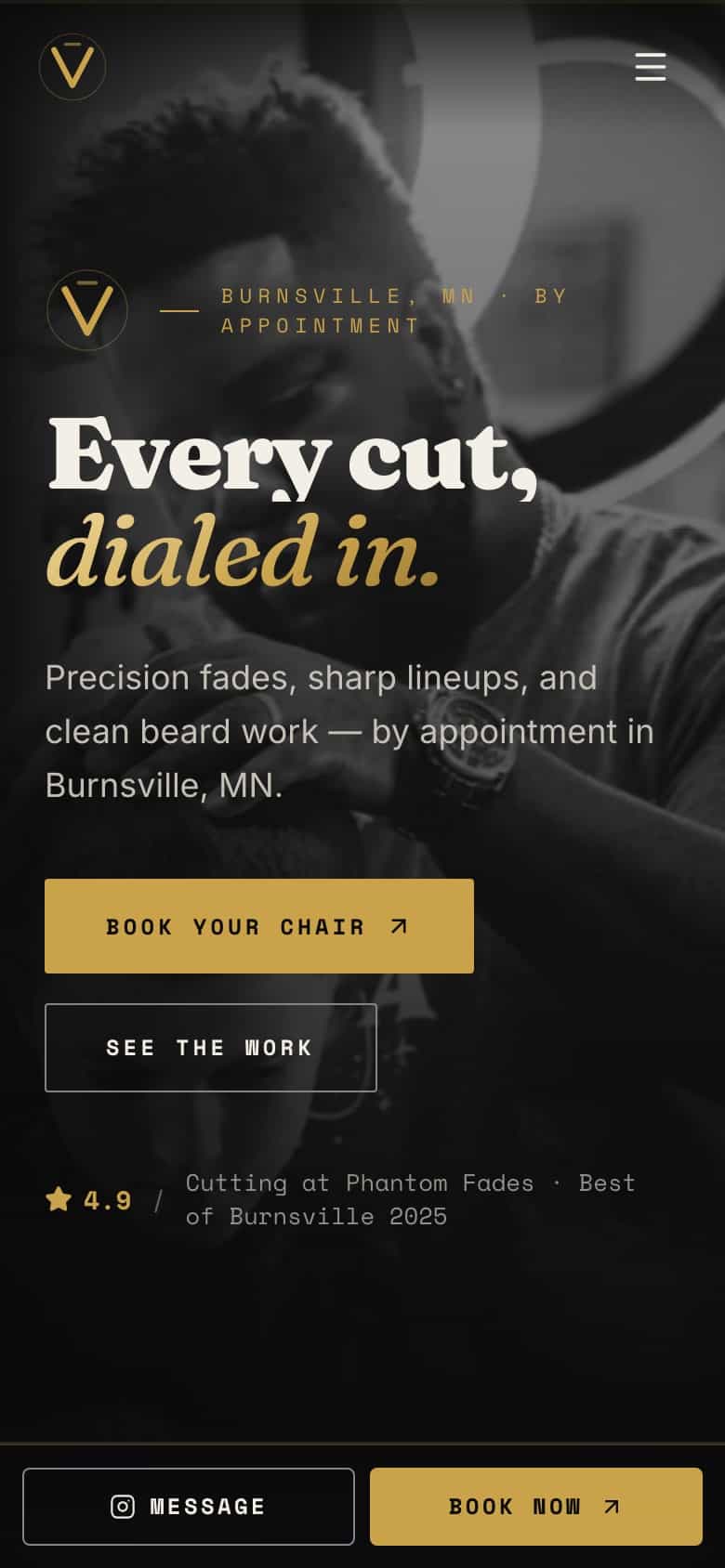 vthebarber.com on a phone: “Every cut, dialed in.” over a black-and-white photo, with Book your chair and See the work buttons and a Book Now bar.