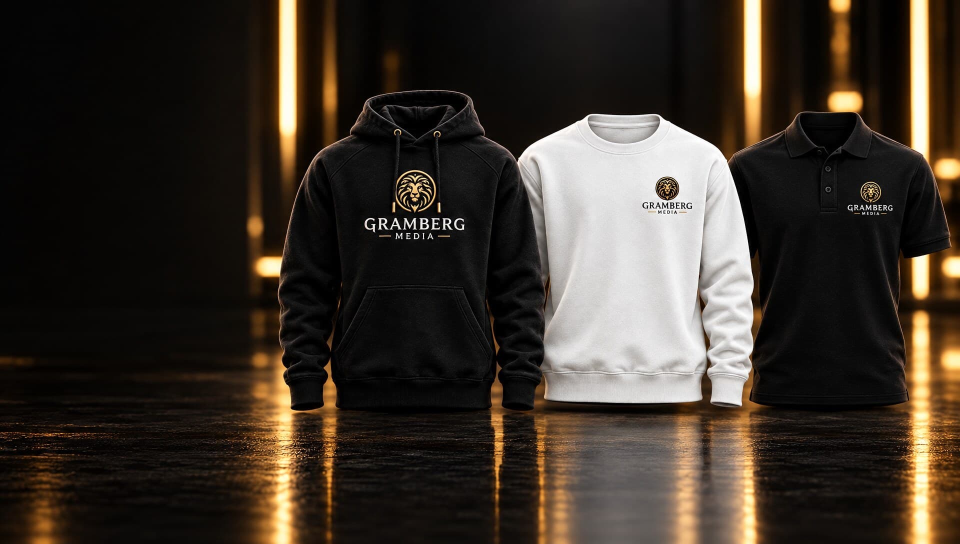The Signature Hoodie, Crewneck and Polo in the gold-lit studio